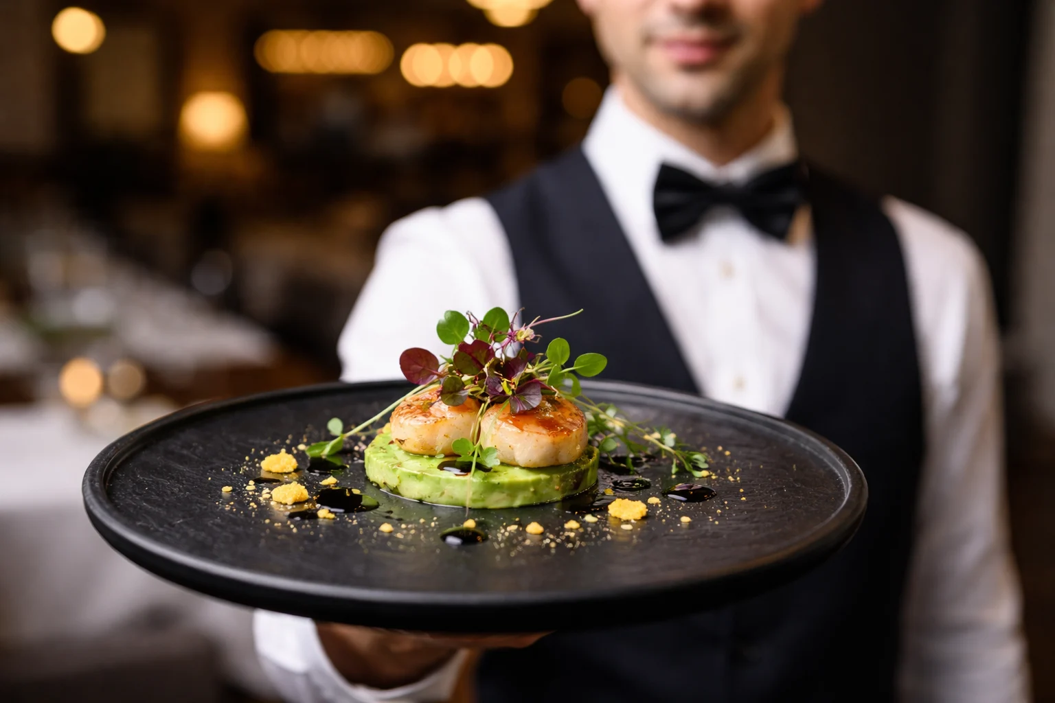 Gourmet-Gericht dekoriert mit frischen Kleemi Microgreens